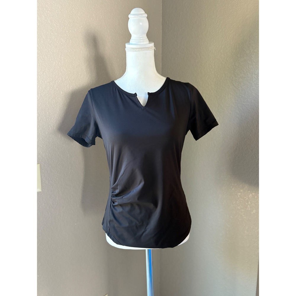 Womens‎ Black Short Sleeve Split V-Neck Ruched Side Activewear Top Size M/L